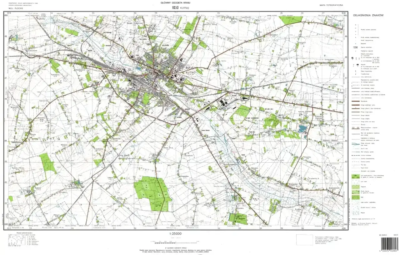 Mapa topograficzna okolic Kutna z siatką kilometrową. Skala 1:25000. Pomocna przy planowaniu i jak zmierzyć powierzchnię działki.